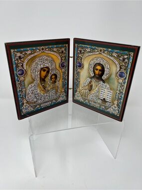 Russian Diptych Icon Virgin of Kazan and Christ the Pantocrator